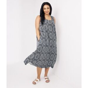 FAT FACE Lola Linear Batik 100% Linen Print Midi Dress Black UK 18 US 14 NEW